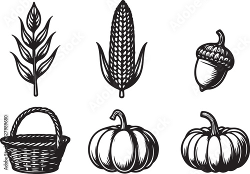 Harvest bounty illustration with pumpkins, corn, acorn, and basket