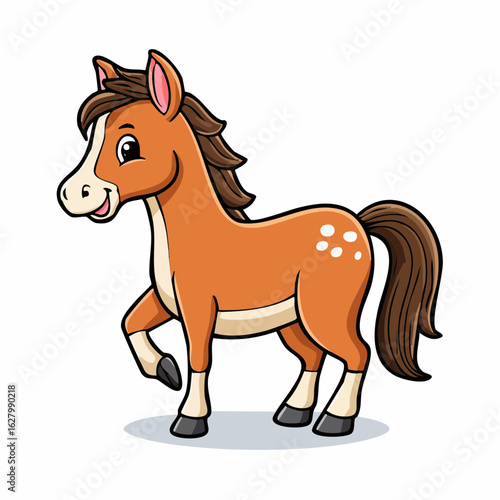 Cartoon Horse: A whimsical illustration of a happy brown horse with white spots and a playful expression