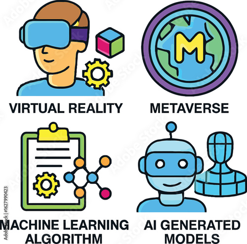 Stylized Vector Set Depicting Core Concepts in Modern AI and Technology — Virtual Reality, Metaverse, Machine Learning Algorithms, and AI-Generated Models in Vibrant, Conceptual Illustrations