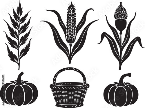 Harvest bounty icons corn pumpkin acorn basket fall celebration