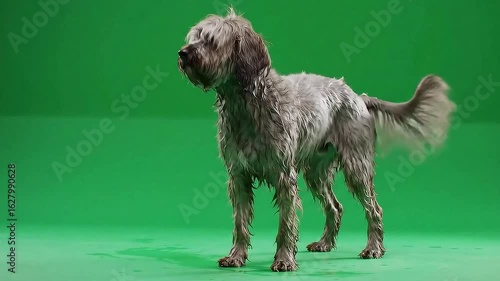 Wet gray furry dog shaking water off fur on green screen background footage