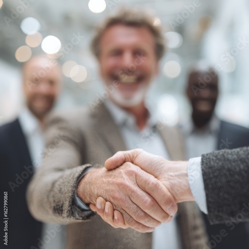 Team Celebration with Handshake in Business Setting