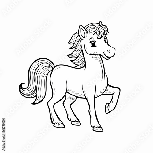 Adorable cartoon horse outline illustration, suitable for coloring books and artistic projects