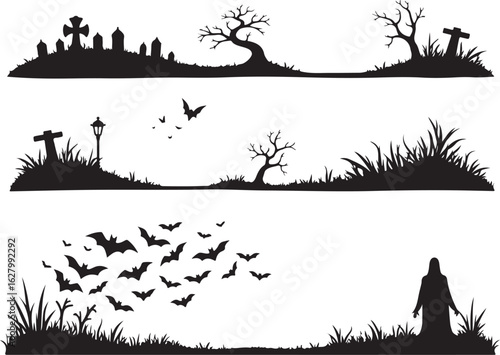 Spooky Halloween silhouettes: graveyard, bats, and eerie figure