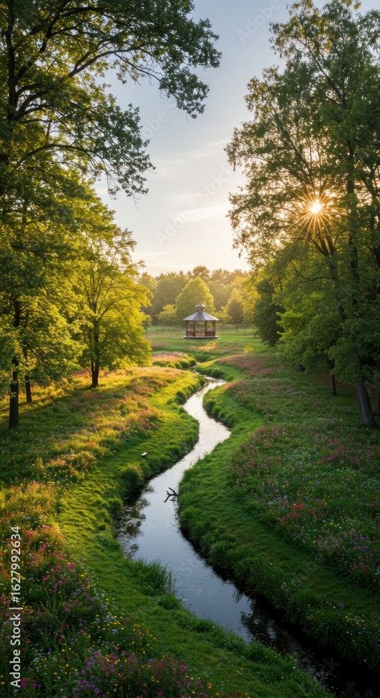Obraz premium Serene park stream at dawn
