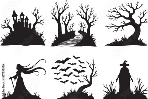 Spooky Halloween silhouettes haunted castle spooky trees witch bats