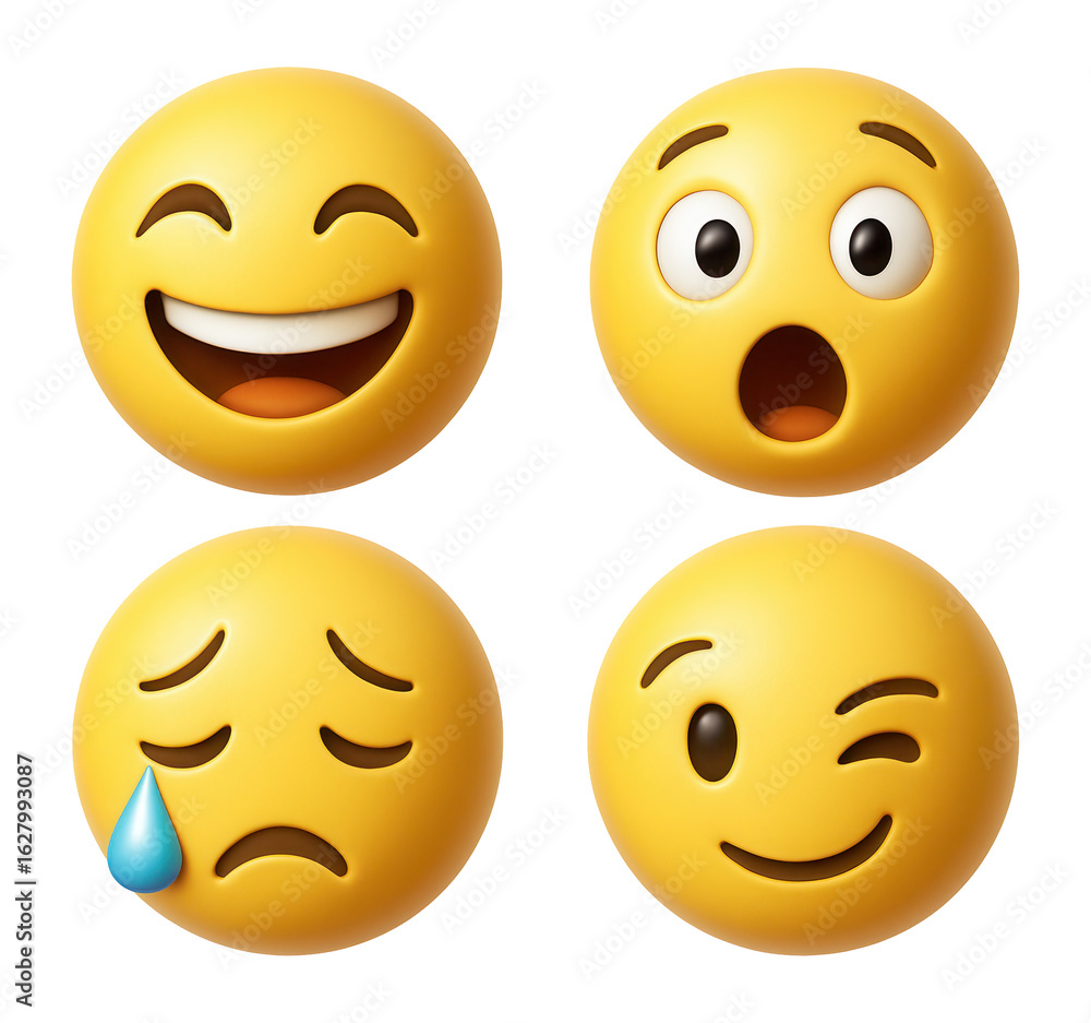 Fototapeta premium Set of four expressive yellow emoji faces including laughing, surprised, crying, and winking on transparent background.
