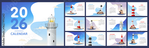 Calendar 2026 horizontal template, lighthouse on the island by the sea design. Week start On Sunday, planner, stationary, wall calendar