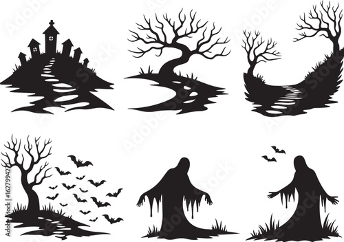 Spooky Halloween silhouettes create eerie, haunted landscapes and figures.