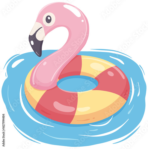 Cute pink flamingo head float ring in a pool, designed in a playful cartoon style perfect for summer and vacation themes