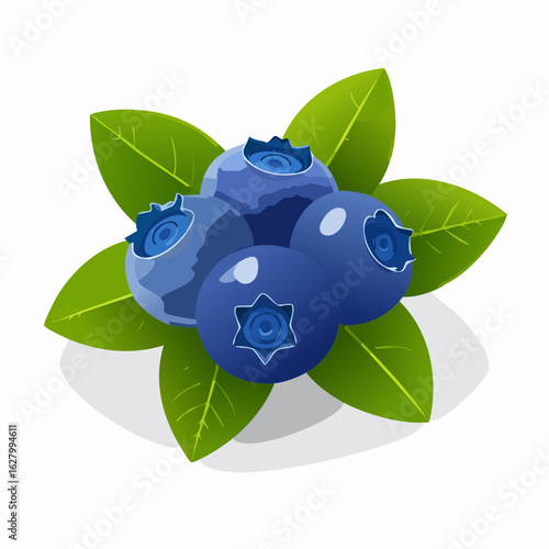 Artistic portrayal of fresh blueberries surrounded by vibrant green leaves on white backdrop