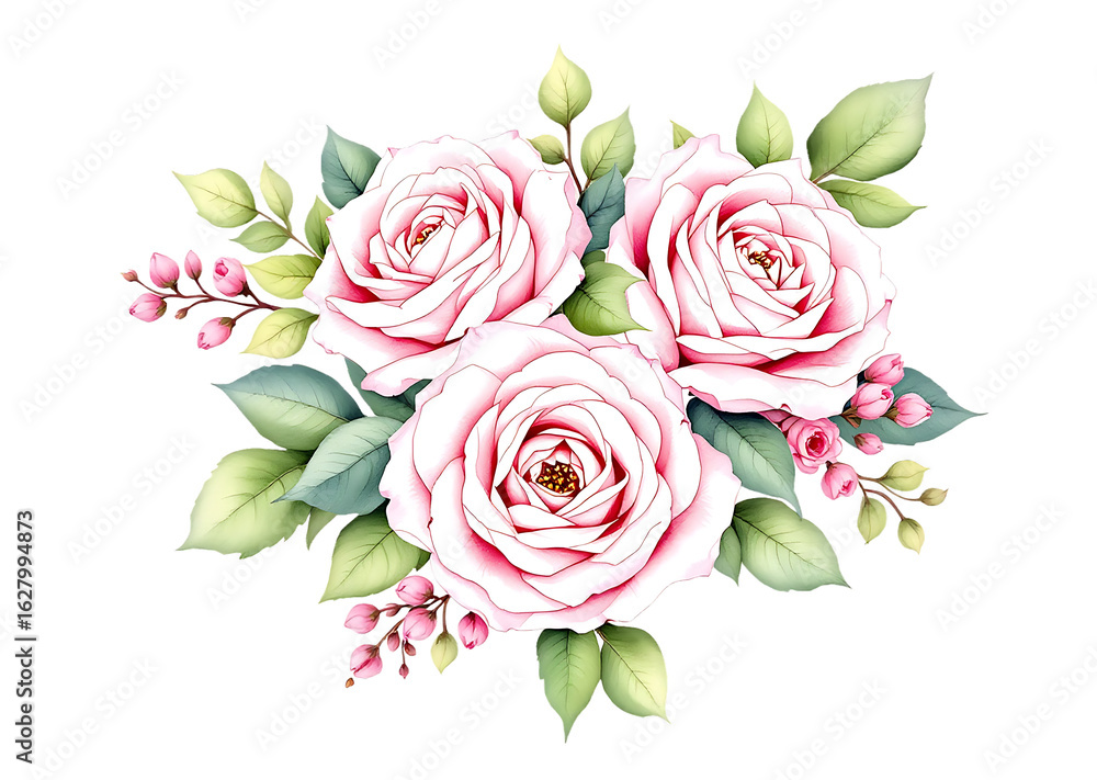 Fototapeta premium Beautiful watercolor illustration of three pink roses and foliage on a black background