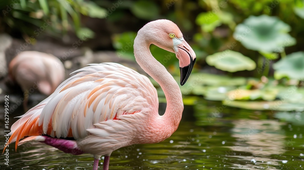 Fototapeta premium Vibrant pink flamingo wading in water outdoors with lush green background