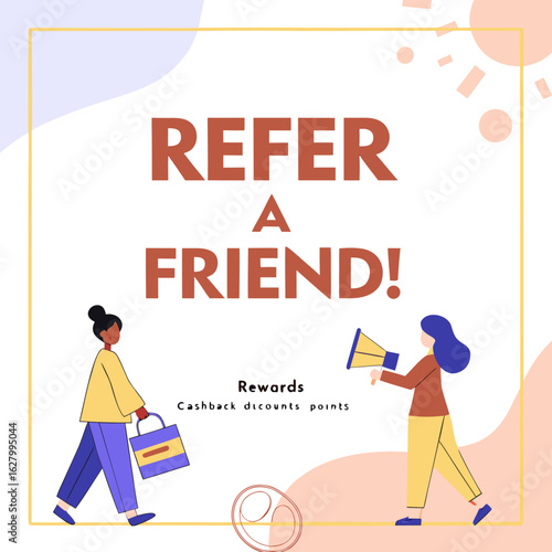 Illustration of a refer a friend promotion with two women and text promoting rewards and cashback points