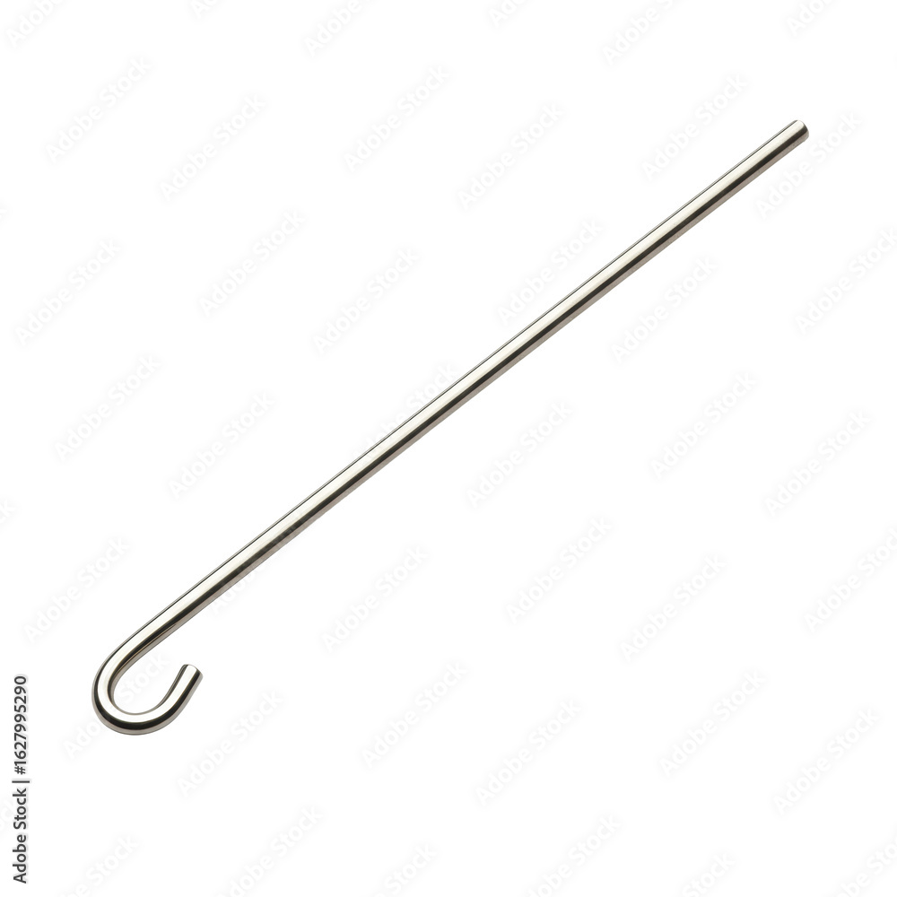 A single, slender heddle hook of polished steel or brass, with curved hook and flat handle, precisely isolated on a transparent seamless studio background, high-end commercial product concept A single, slender heddle hook of polished steel or brass, with curved hook and flat handle, precisely isolated on a transparent seamless studio background, high-end commercial product concept