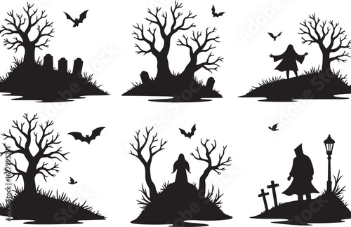 Spooky Halloween graveyard scenes with eerie figures and bats