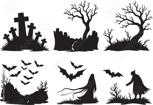 Spooky Halloween silhouettes graveyard, bats, and ghostly figures