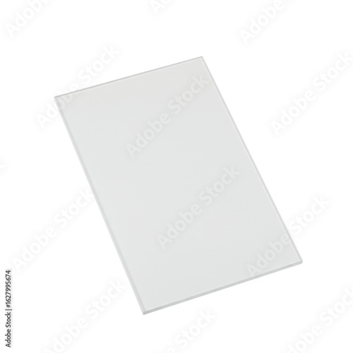 A single, perfectly flat, crystal clear rectangular acetate sheet, colorless, smooth, and rigid, against a transparent studio background with overhead light, no shadows. Concept of clarity, precision,