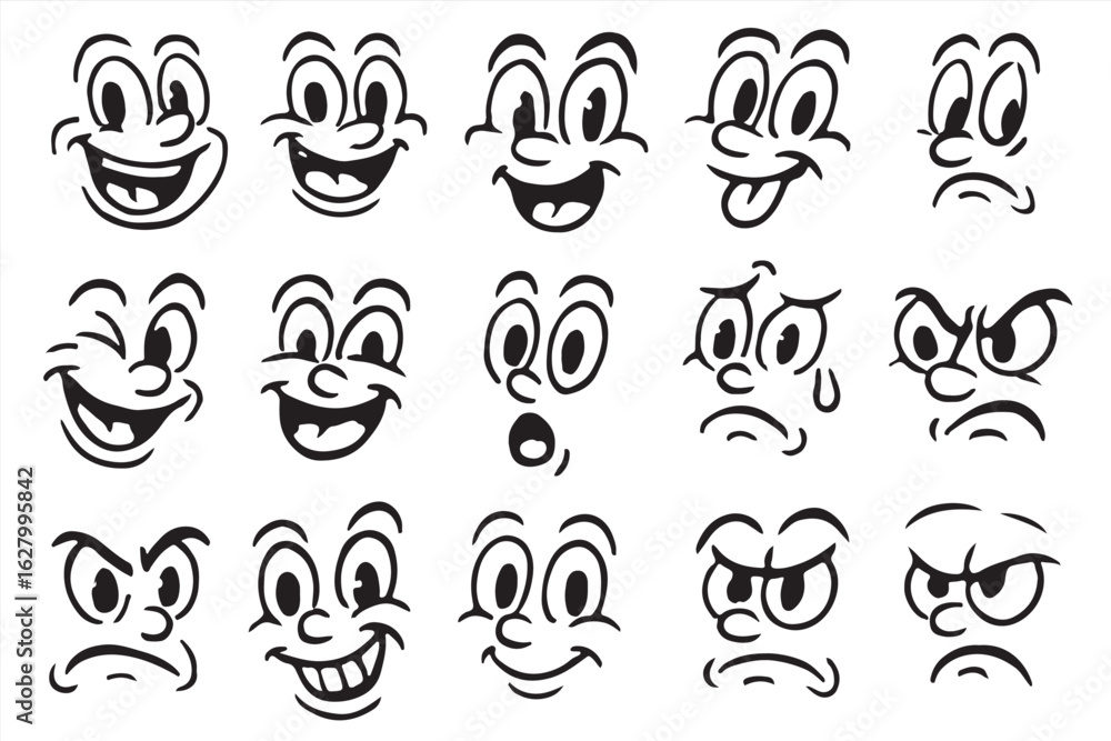 Fototapeta premium Retro cartoon facial expression icons set in black and white, vintage comic style emotional faces collection, editable vector illustration of emoji character emotions for sticker or design use