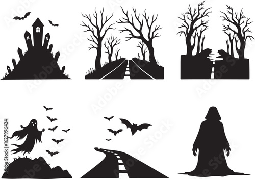 Spooky Halloween scenes with ghosts, bats, and haunted houses