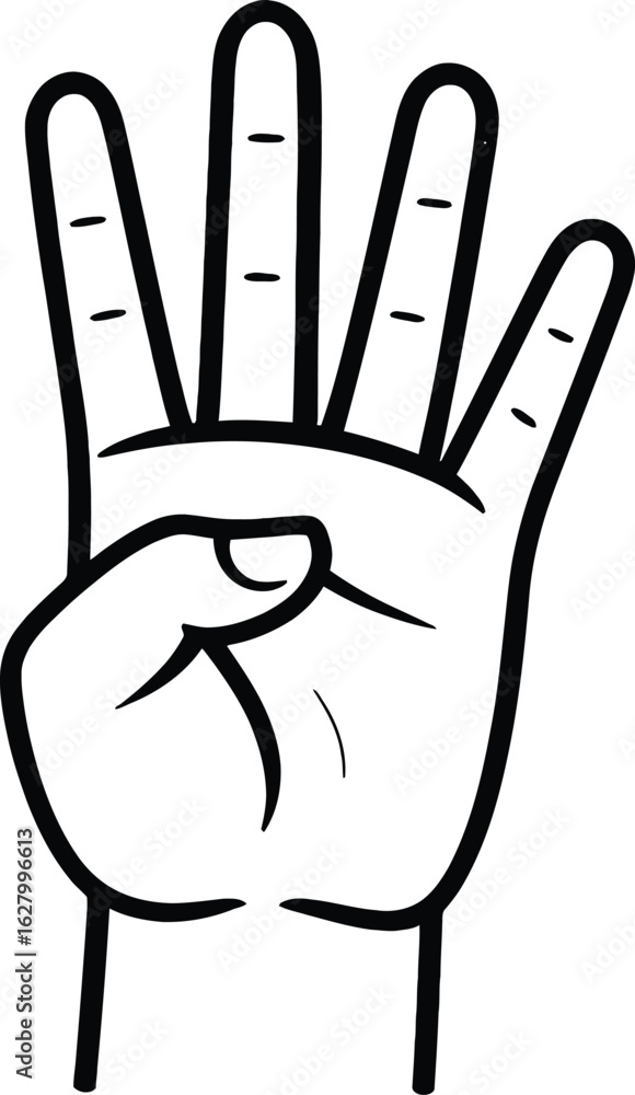 Obraz premium Black and White Line Drawing of a Raised Hand Showing Four Fingers with Thumb Folded — Minimalist Gesture Icon Representing the Number Four Through Symbolic Hand Signal in Clean Contour Style