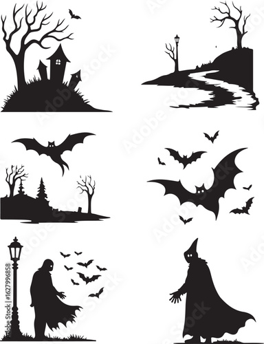 Spooky Halloween scenes with haunted houses and bats