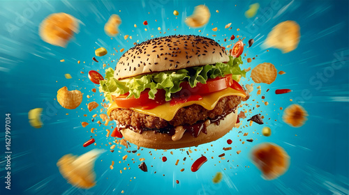 High-Resolution Exploding Cheeseburger with Vibrant Floating Ingredients