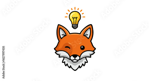 A winking cartoon fox head with a bright yellow light bulb above it on a white isolated background