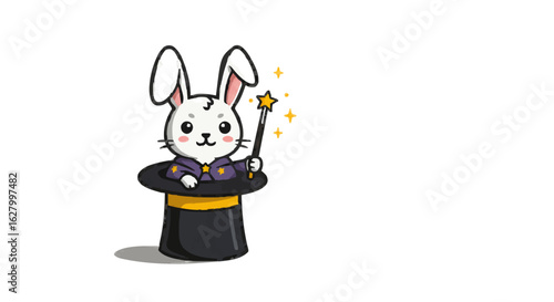 A cartoon rabbit magician with a magic wand standing in a black top hat with gold trim and wearing a robe