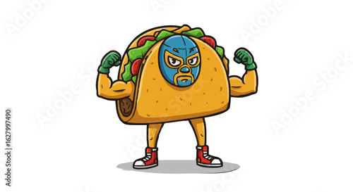 Illustration of a taco with a wrestler mask showing muscles and wearing shoes on a white background