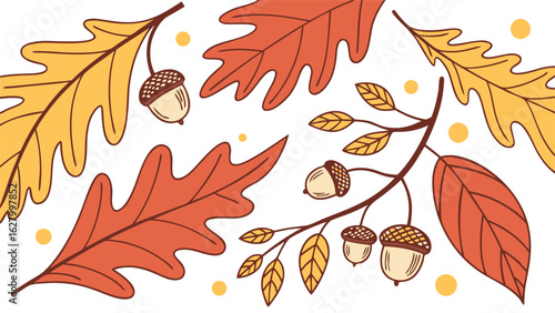 Illustration of autumn leaves and acorns in orange and yellow colors on a white background for decoration