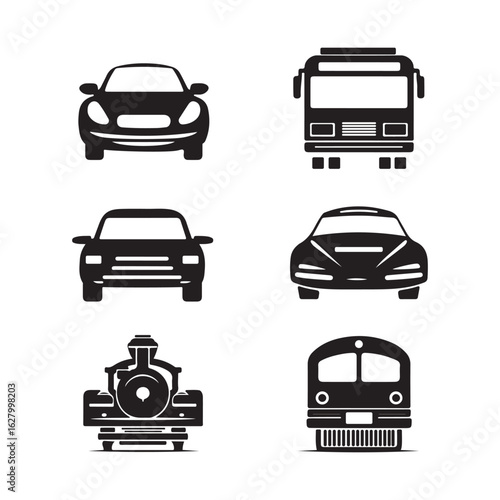 Vehicles consisting of cars, trains and buses are displayed in a black icon set