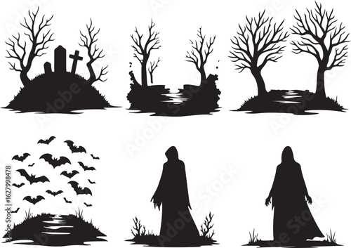 Spooky Halloween silhouettes, haunted scenes with bats and figures