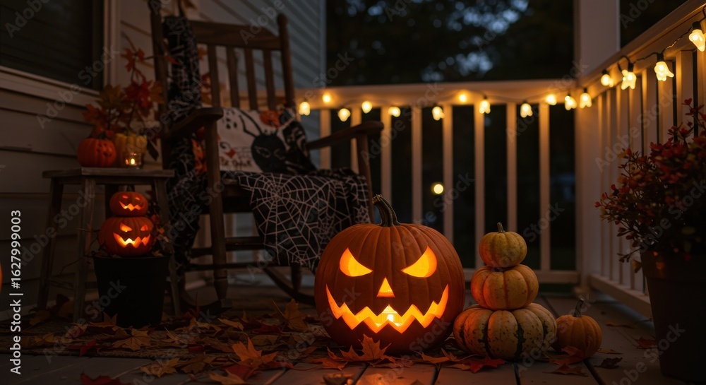 Obraz premium Festive Halloween Front Porch with Glowing Jack-o'-Lanterns at Night
