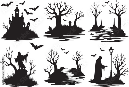 Spooky Halloween silhouettes: haunted house, ghosts, bats, bare trees