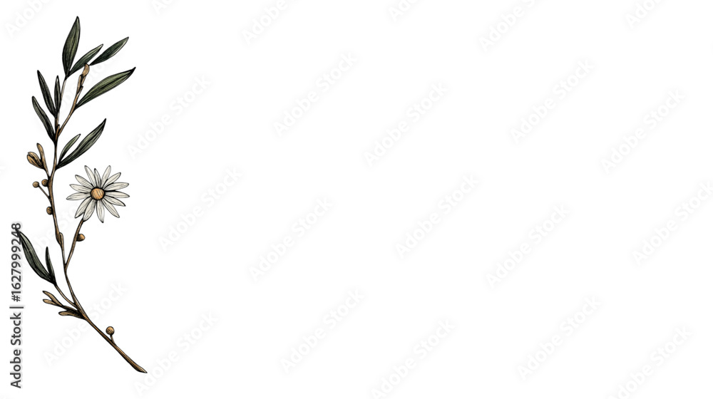 Fototapeta premium Delicate floral branch with single daisy flower isolated on white background