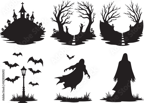 Spooky Halloween silhouettes with ghosts, bats, and haunted houses