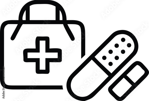 First Aid Kit and Plaster Icons with Medical Cross and Heart Symbol health