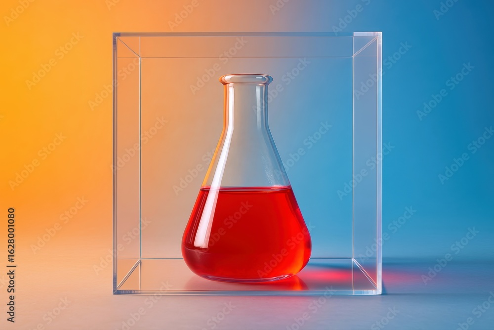 Laboratory Flask Enclosed within Lucite Cube Displays red liquid brilliantly against a gradient background, showcasing scientific research and modern art with vibrant color. Laboratory Flask Enclosed within Lucite Cube Displays red liquid brilliantly against a gradient background, showcasing scientific research and modern art with vibrant color.