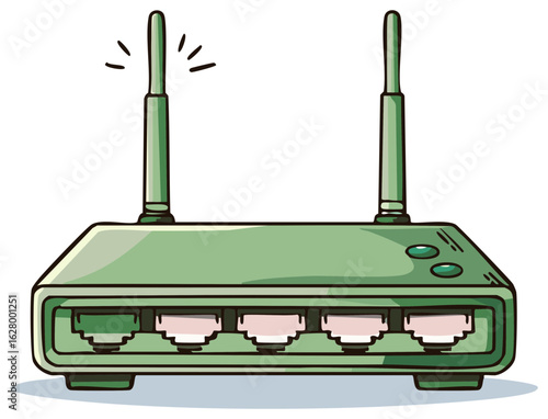 Cartoon illustration of a green wireless router with antennas and ethernet ports.