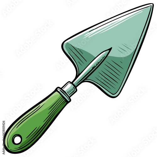 Gardening Trowel with Green Handle, Hand Drawn Illustration