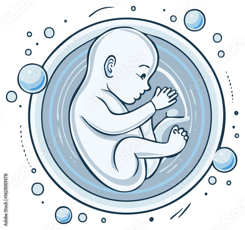 Cartoon illustration of a baby inside a round vessel with bubbles