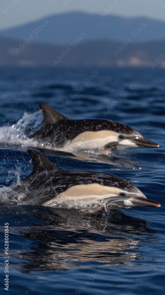 Fototapeta premium Two dolphins swimming in the ocean.