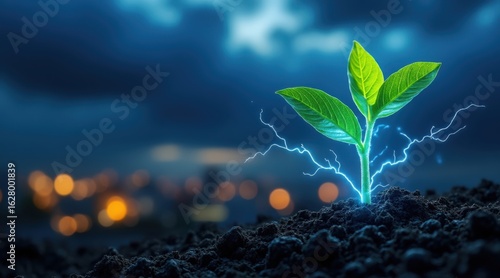 Green sprout glowing with blue energy and lightning in dark soil