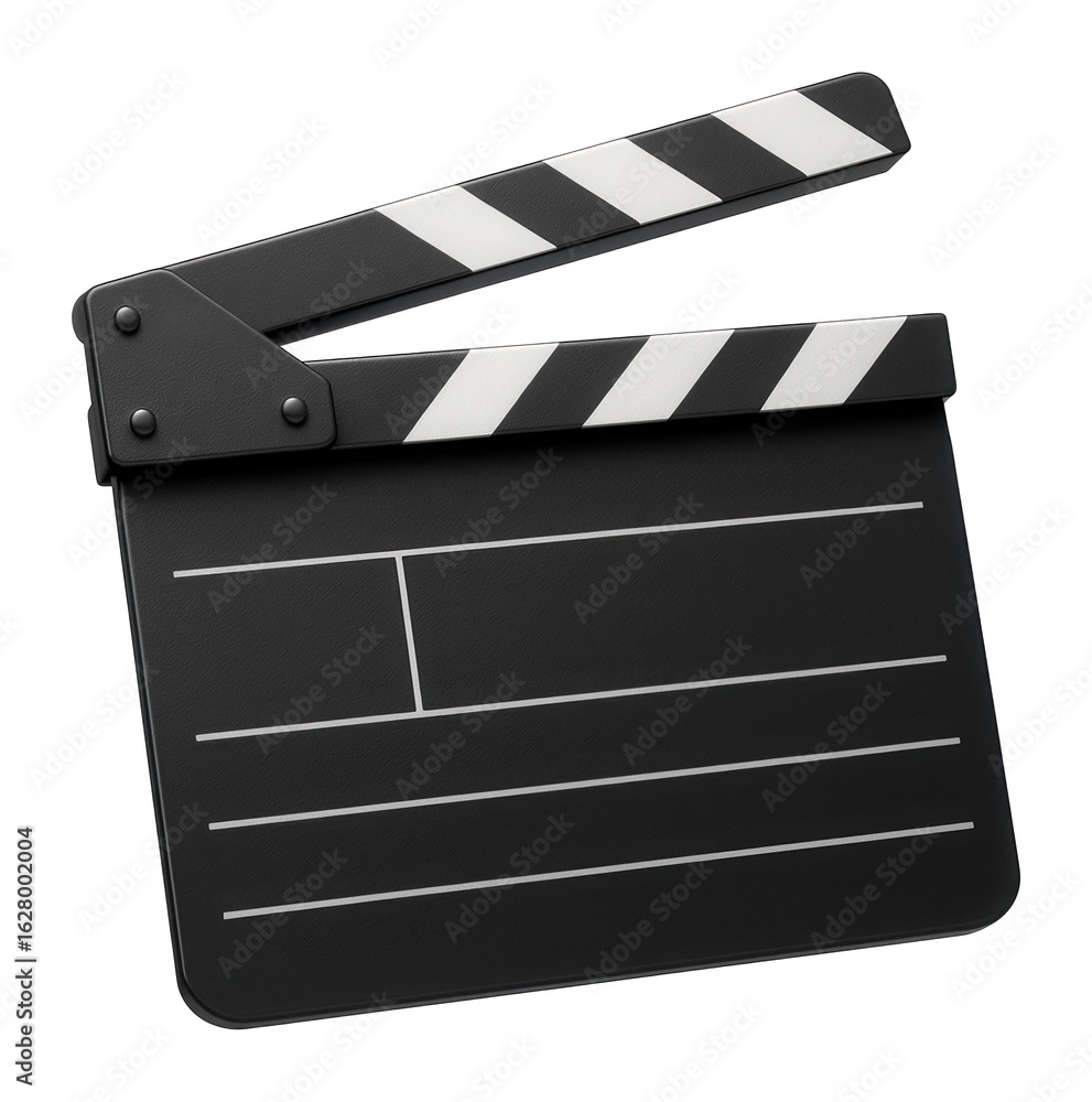 Fototapeta premium Classic black and white film clapperboard with open clapper and blank fields for information on transparent background.