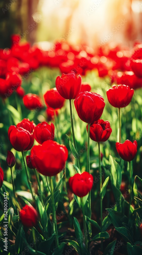 Fototapeta premium Vibrant red tulips in a spring garden.