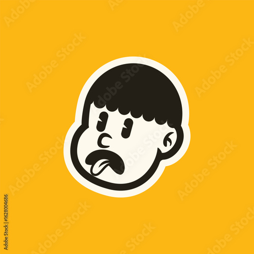 Cartoon boy face with confused and irritated expression in bold minimal line art style. Perfect for stickers, emojis, retro branding, and playful vector character design