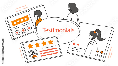 Illustration depicting testimonials with speech bubble and customer review cards featuring star ratings and people
