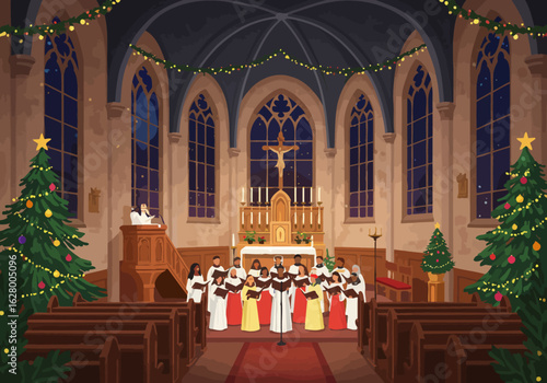Christmas Choir Singing in Church with Christmas Trees and Decorations.