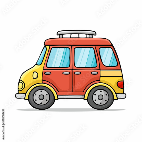 Cartoon illustration of a classic mini van with luggage rack on top for vacation travel